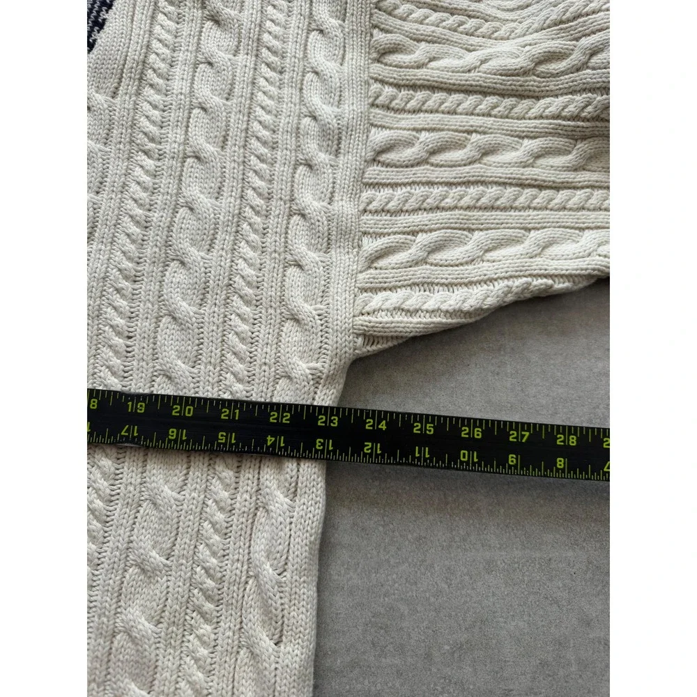 Vintage Banana Republic Mens Cream Cable Knit V-Neck Cotton Sweater Navy Trim M